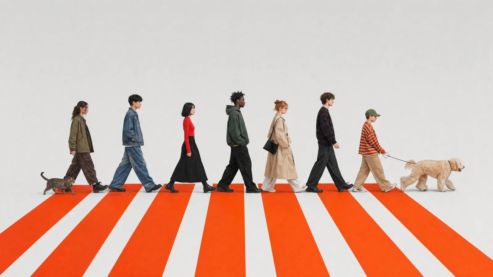 People crossing a bright orange crosswalk