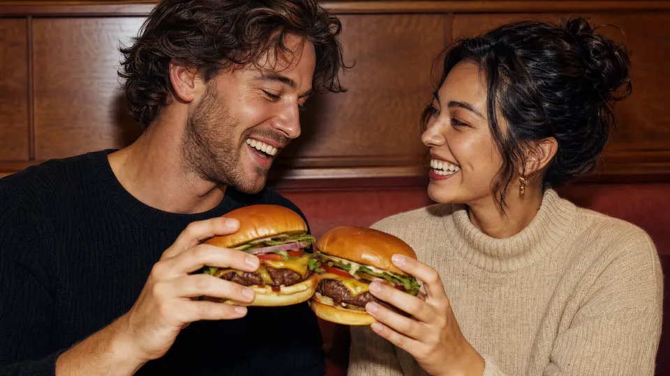 Two friends enjoying burgers together at a restaurant
