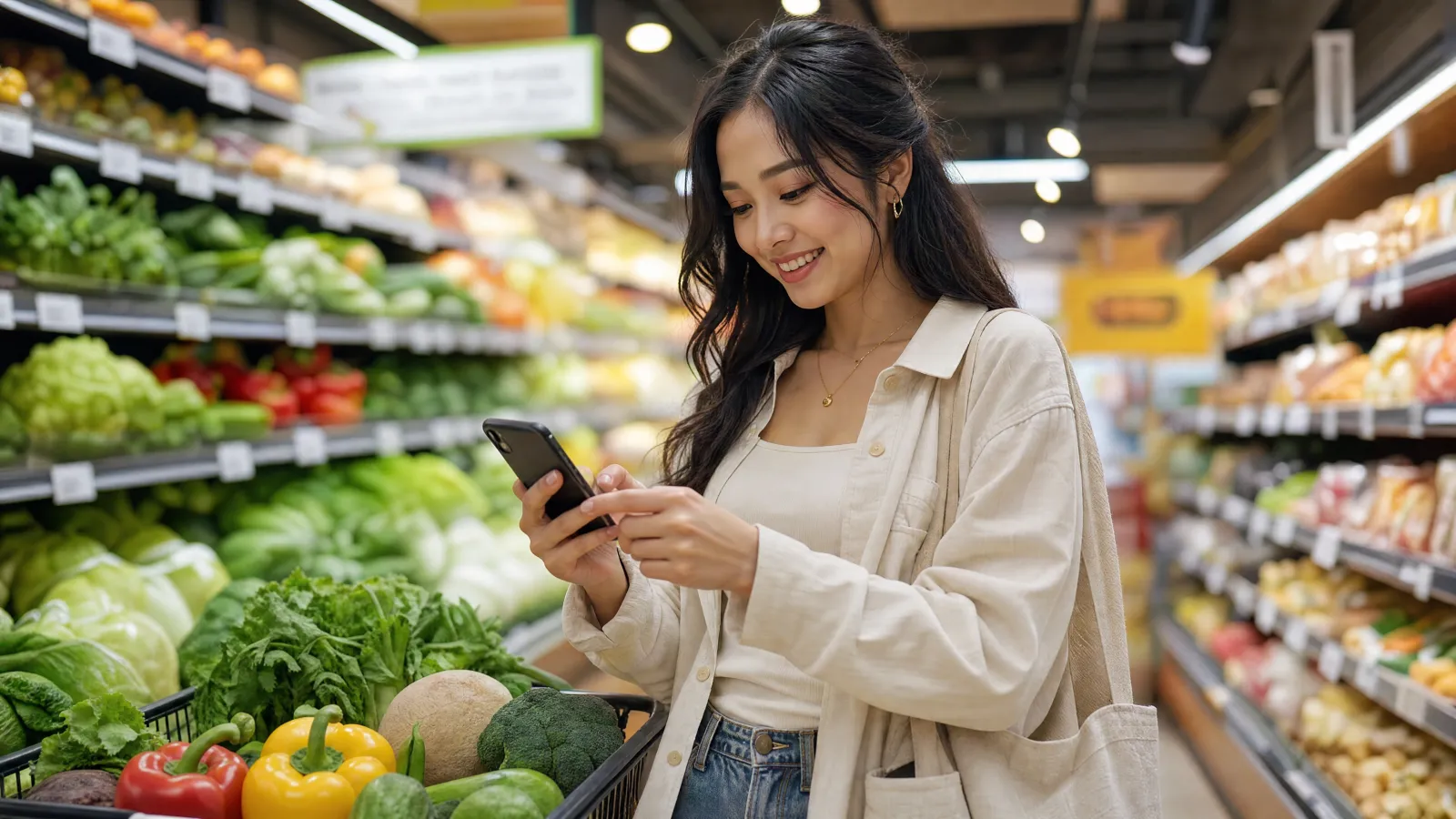 A customer checking their grocery list in a supermarket aisle