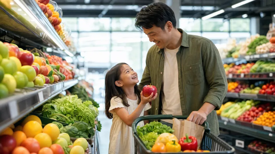 A family picking fresh fruit at a supermarket
