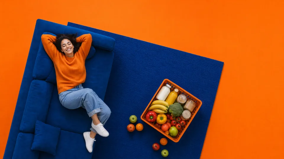 A customer relaxing on the sofa next to a full grocery basket