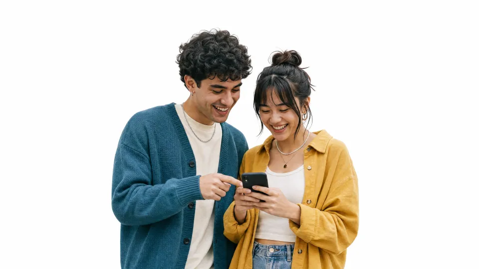 Two friends following an order together on one phone