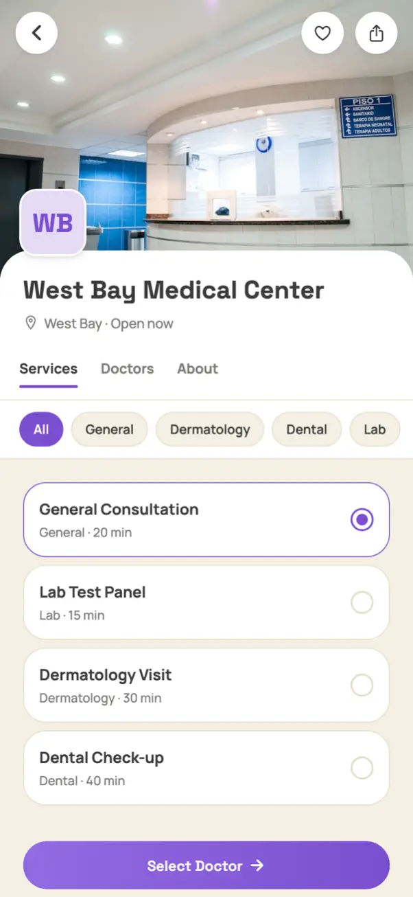A clinic in the app with departments and services